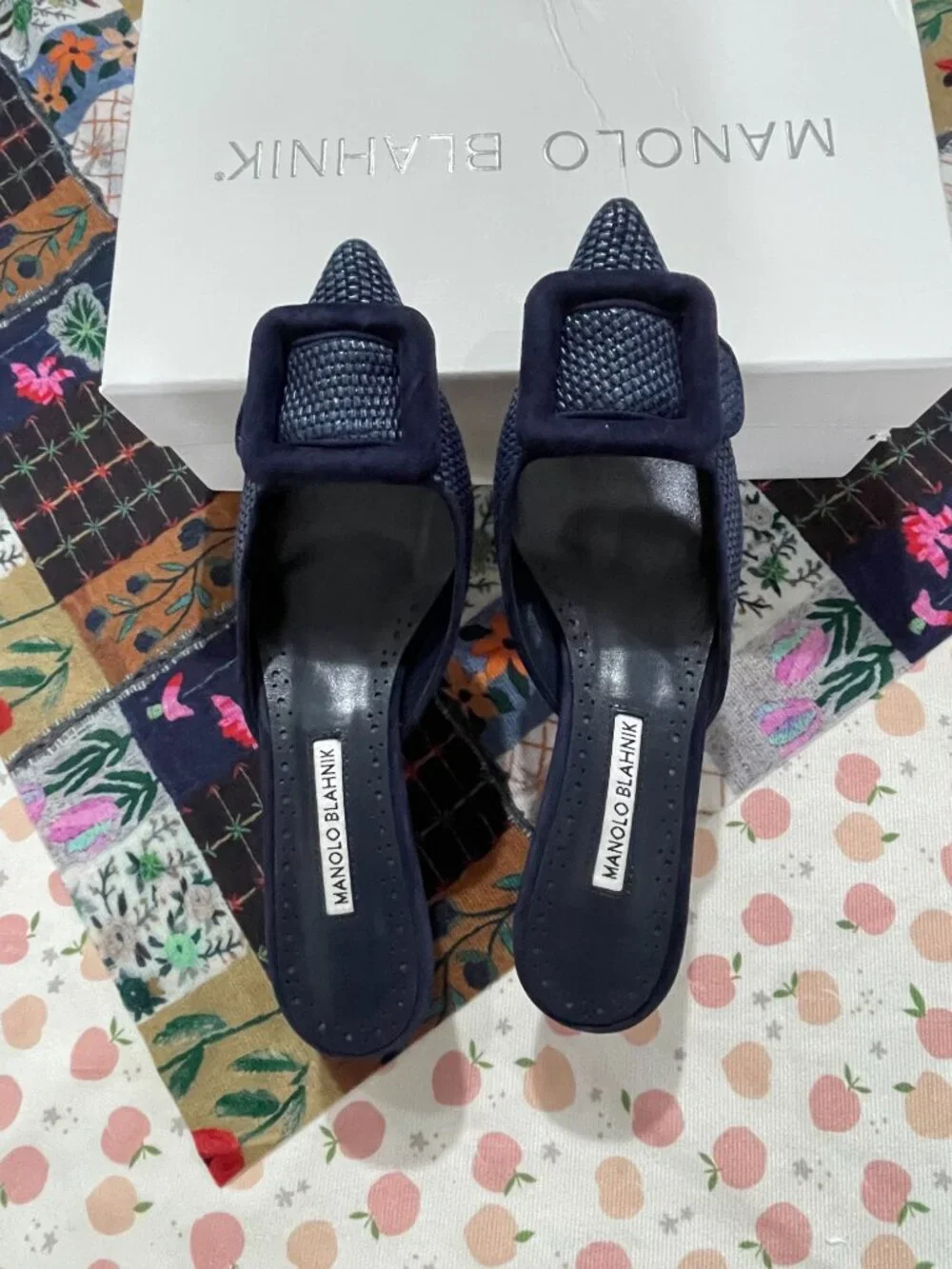 Manolo Blahnik Navy Woven Square-Buckle Mule Heels